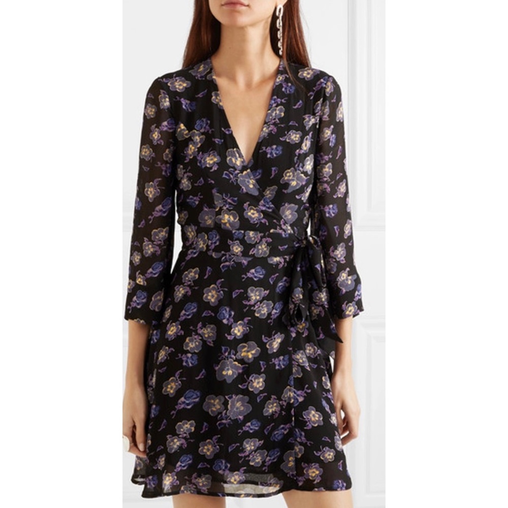 NWT Ganni Floral Print Georgette Wrap Puff Dress - Picture 2 of 13